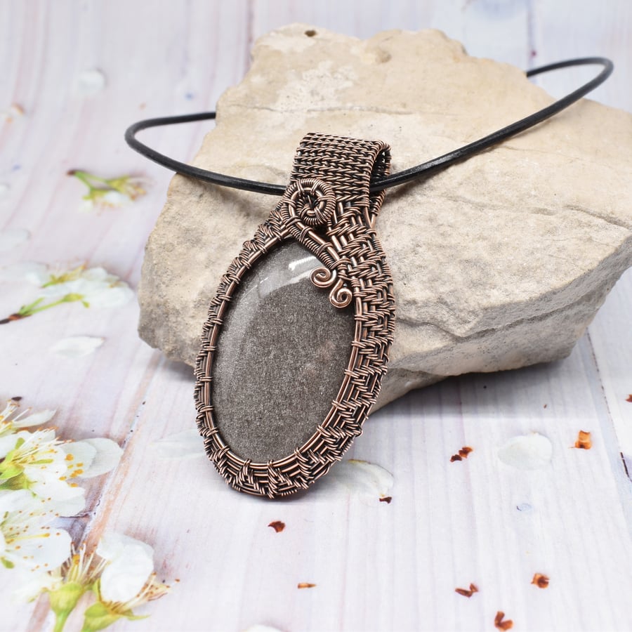 Wire Woven Silver Sheen Obsidian and Copper Pendant