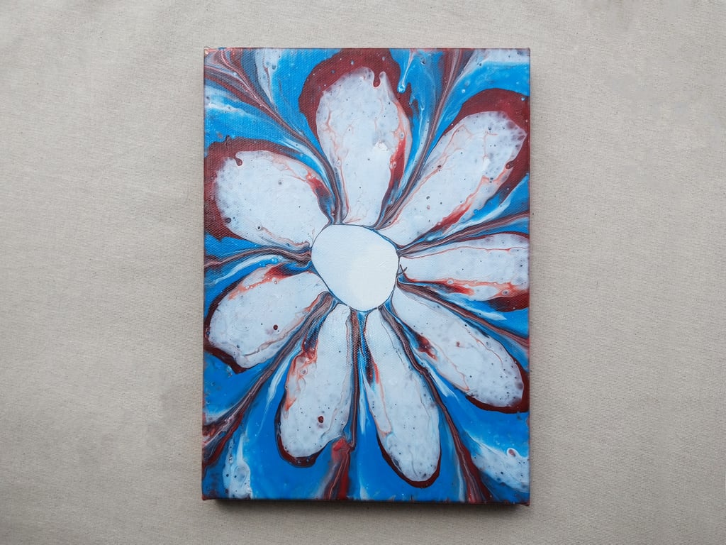 Acrylic Pour Art Canvas, Wall Art - Red, Blue & White Flower Colour Scheme