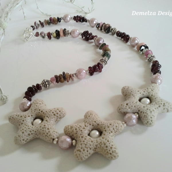 Unique Lava Rock, Tourmaline,  Red Garnet & Shell Pearl Silver Plate Necklace