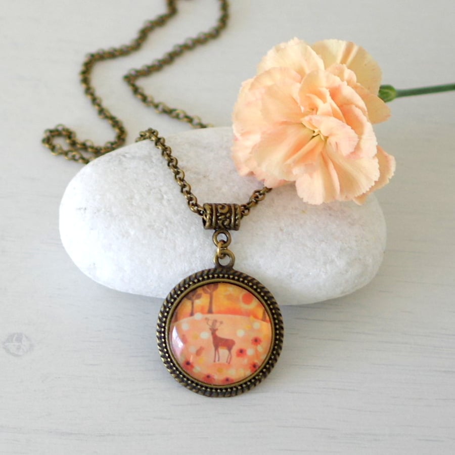 Orange Pendant Necklace, Deer Pendant, Bronze Necklace, Autumn Jewellery