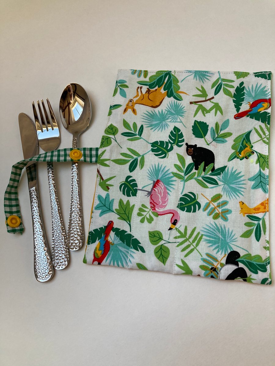 Travel cutlery roll with cutlery - jungle pattern.
