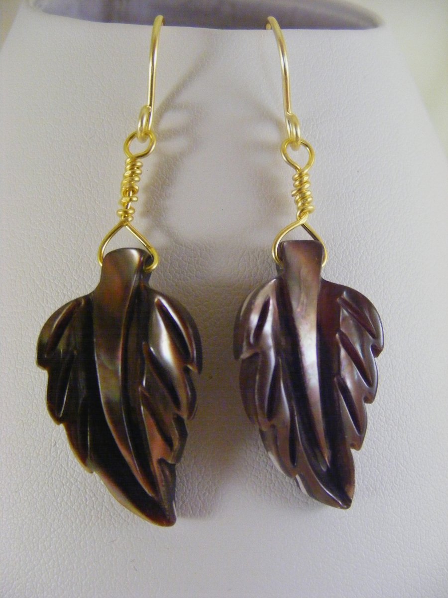 Chocolate and Cream Mother of Pearl Leaf Earrings.