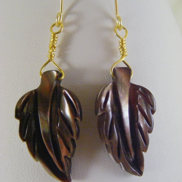 Chocolate and Cream Mother of Pearl Leaf Earrings.