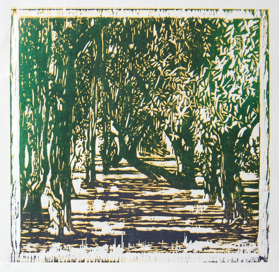 'Sidelight' hand-pressed offset woodcut original print of Holm Oak trees