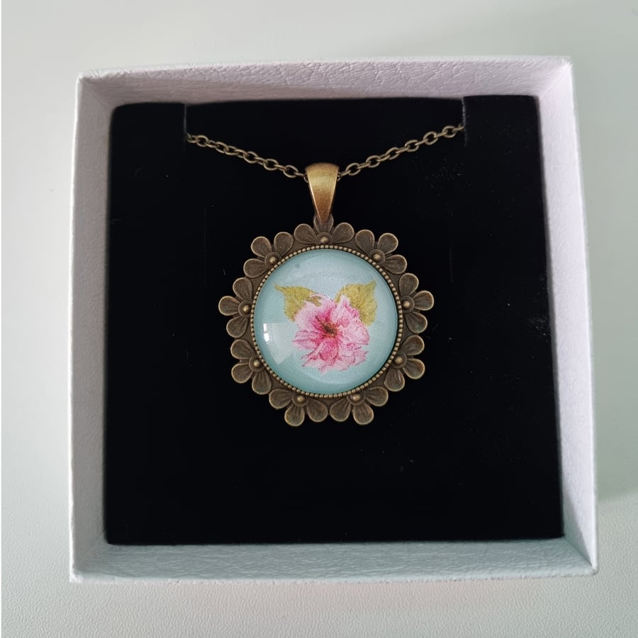 Cherry Blossom Pendant Necklace - Round Flower Bronze
