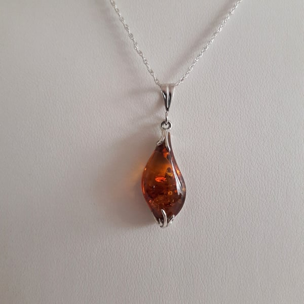 Amber Cognac Fancy Drop and Sterling Silver Necklace, Amber Necklace, Gift