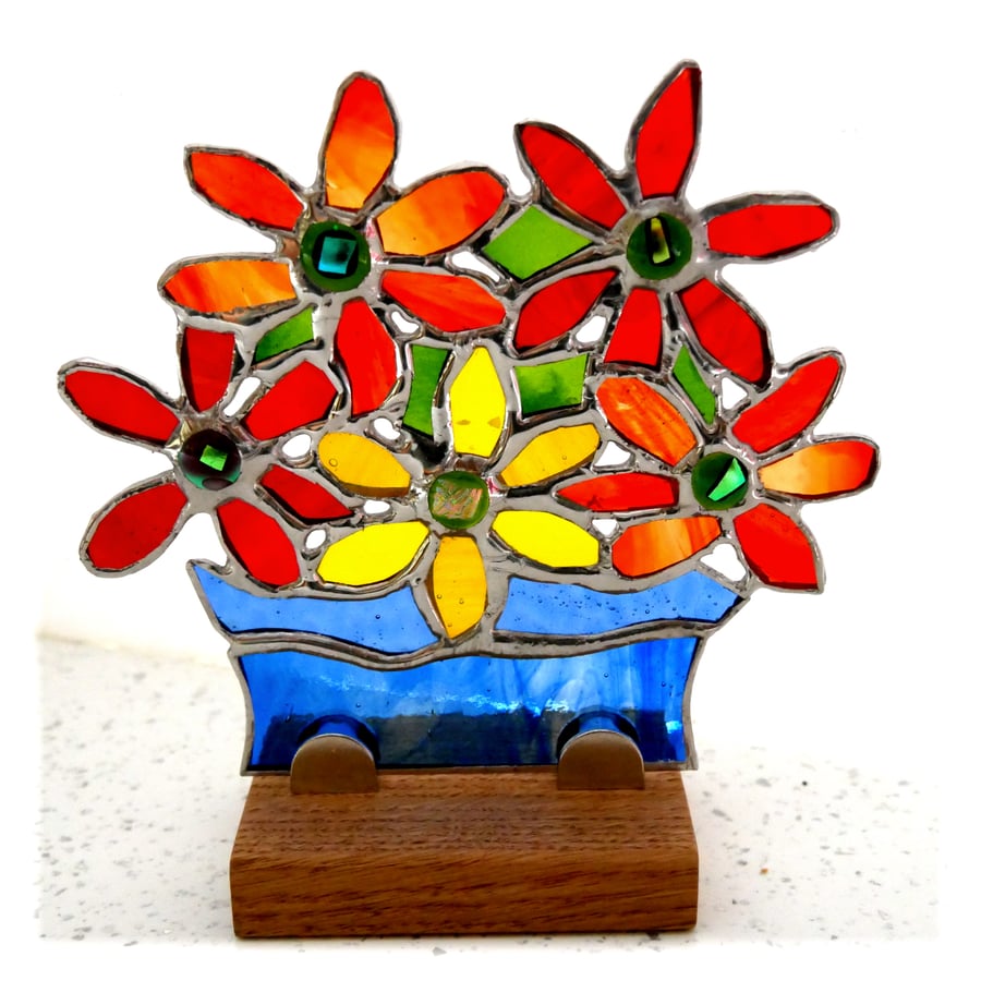 Stained Glass Flower Vase On Wooden Stand Red Gift for Mum 