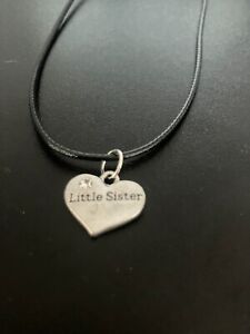 little sister heart charm pendant on a 18" leather cord necklace