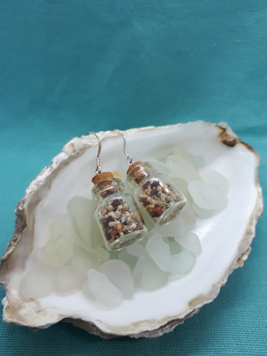 Glass bottle & shell drop earrings