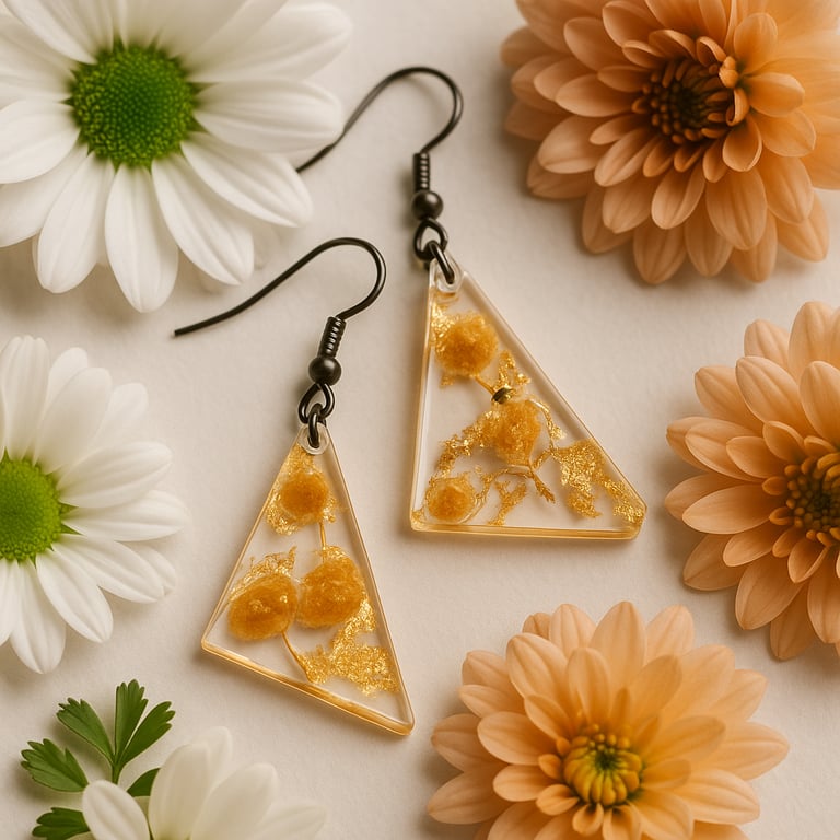Peach Flower Resin Triangle Earrings – Gold Leaf Drop Dangles