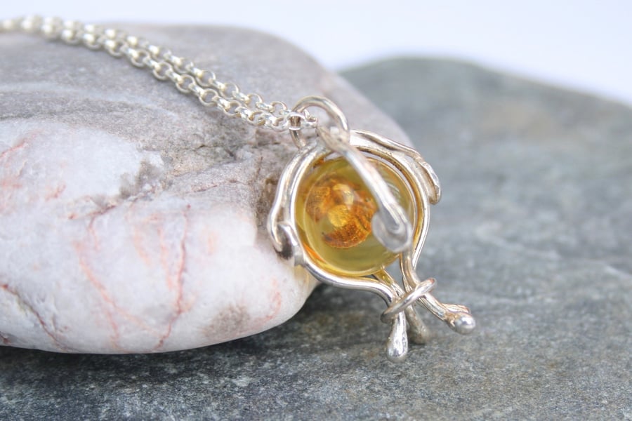 Bug in amber silver necklace