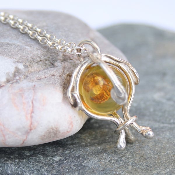 Bug in amber silver necklace