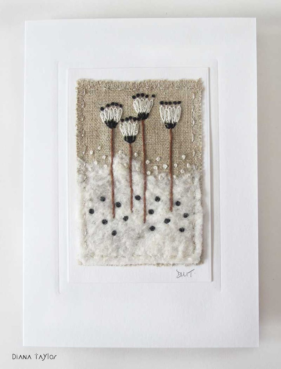 HAND EMBROIDERED GREETINGS CARD WINTER AUTUMN FLOWERS