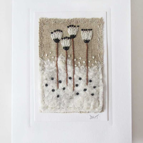 HAND EMBROIDERED GREETINGS CARD WINTER AUTUMN FLOWERS
