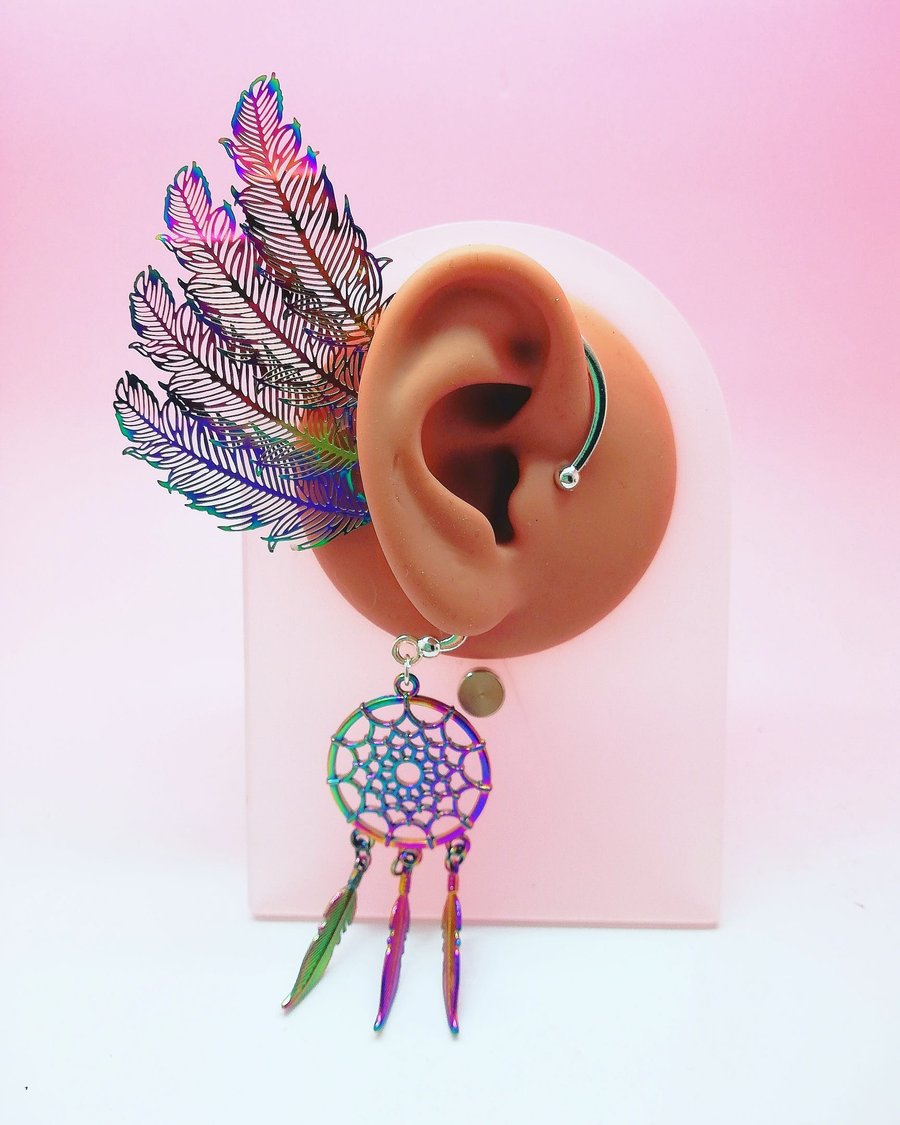 Multicoloured Feather Hippy No Piercing Ear Cuff Handmade