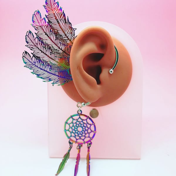Multicoloured Feather Hippy No Piercing Ear Cuff Handmade