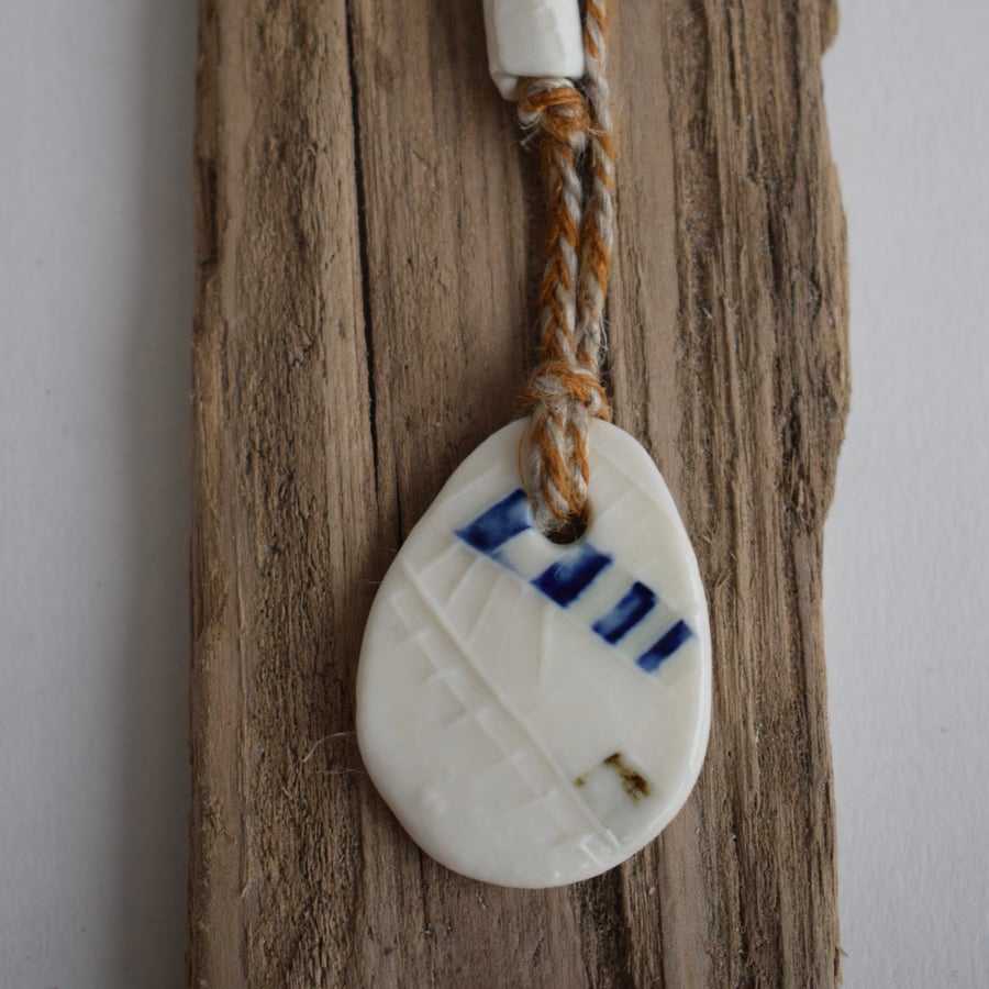 Porcelain Printed Pendant with Linen Thread