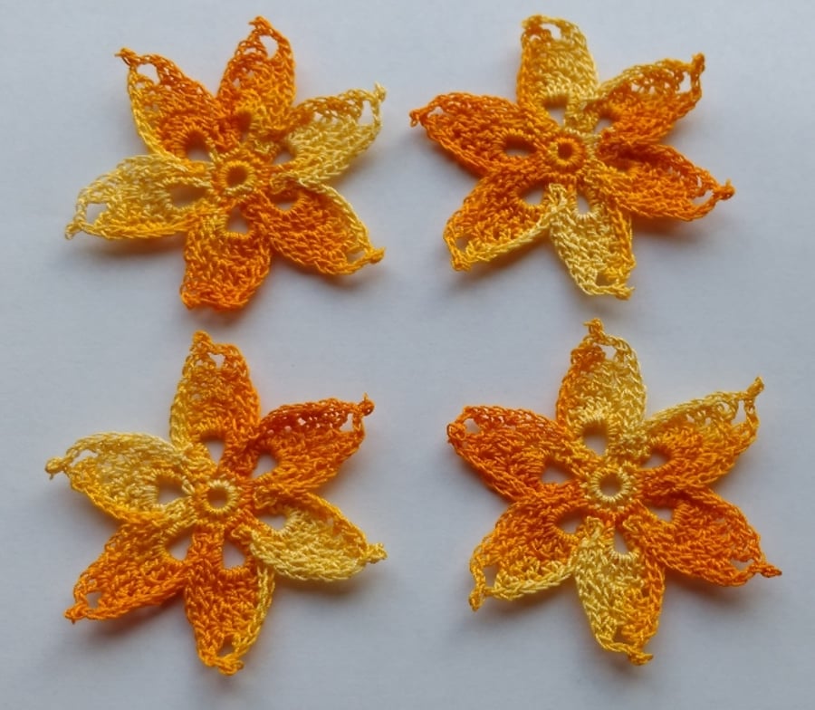 GOLD MULTI FLOWERS - SIX POINT STARS 6.5cm - Pack of 4 - HANDMADE CROCHET COTTON