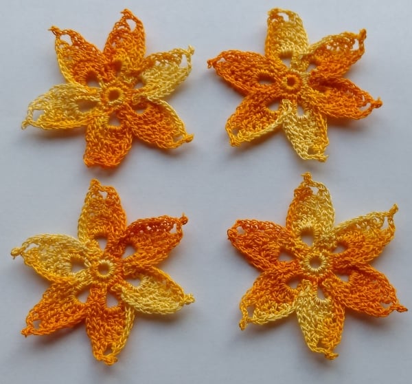 GOLD MULTI FLOWERS - SIX POINT STARS 6.5cm - Pack of 4 - HANDMADE CROCHET COTTON