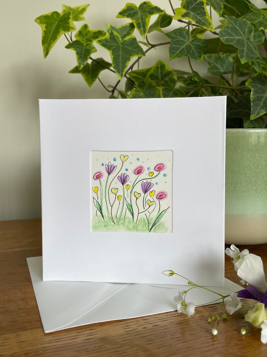 Card, hand painted flower card watercolour & ink flowers original art.