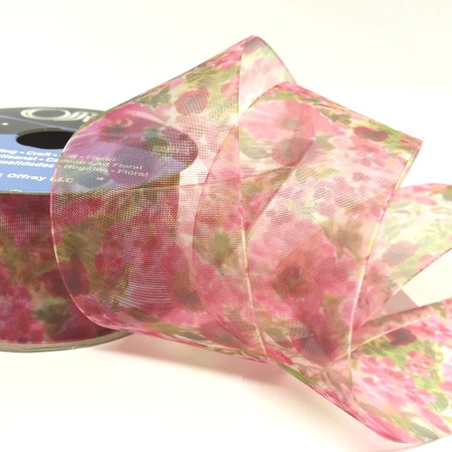 Pink Sheer Floral Ribbon - 2.7 Metres - Full Reel