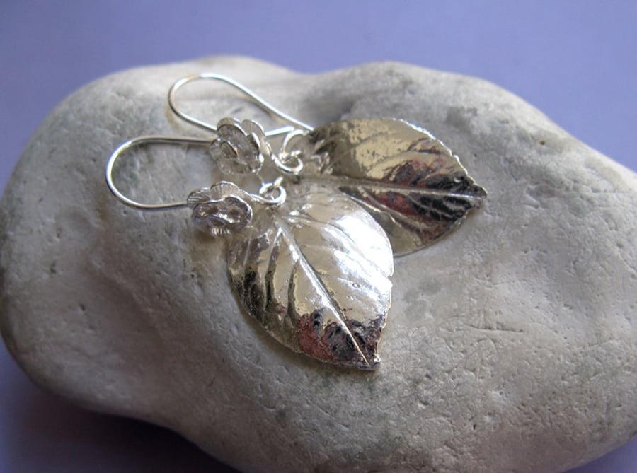 Fine silver rose leaf earrings