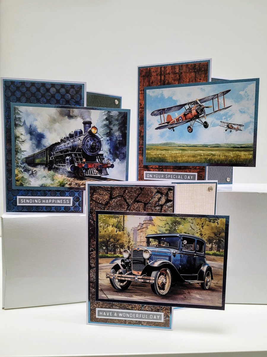 Set of 3 Any Occasion Masculine Greetings Card - Planes Trains and Automobiles