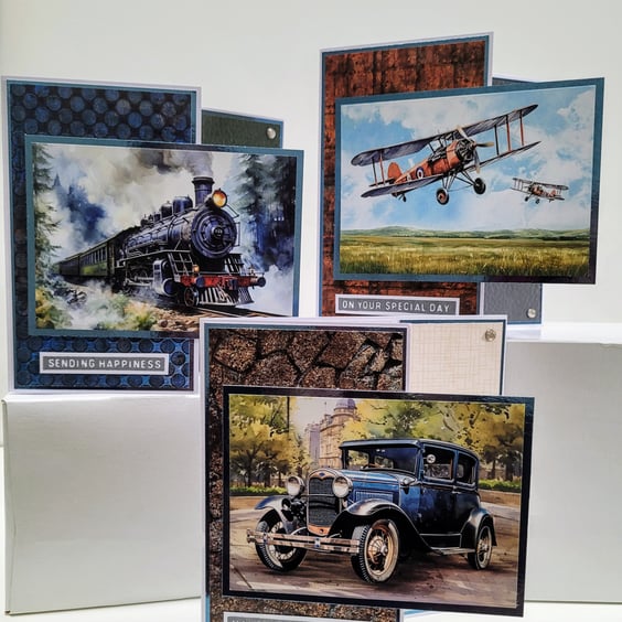 Set of 3 Any Occasion Masculine Greetings Card - Planes Trains and Automobiles