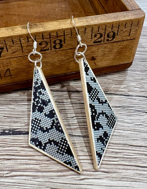 Upcycled wood earrings - cross stitch
