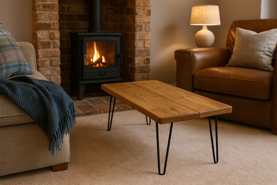 Handmade Rustic Solid Wood Coffee Table - Metal Hairpin Legs