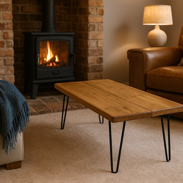 Handmade Rustic Solid Wood Coffee Table - Metal Hairpin Legs