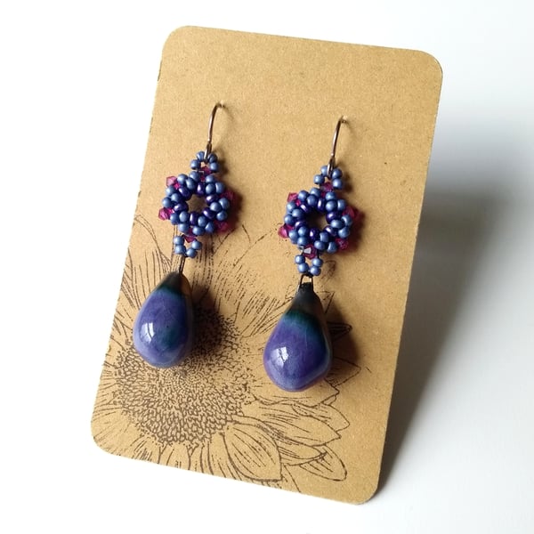 Purple Mauve and Pink Ceramic Beaded Drop Earrings