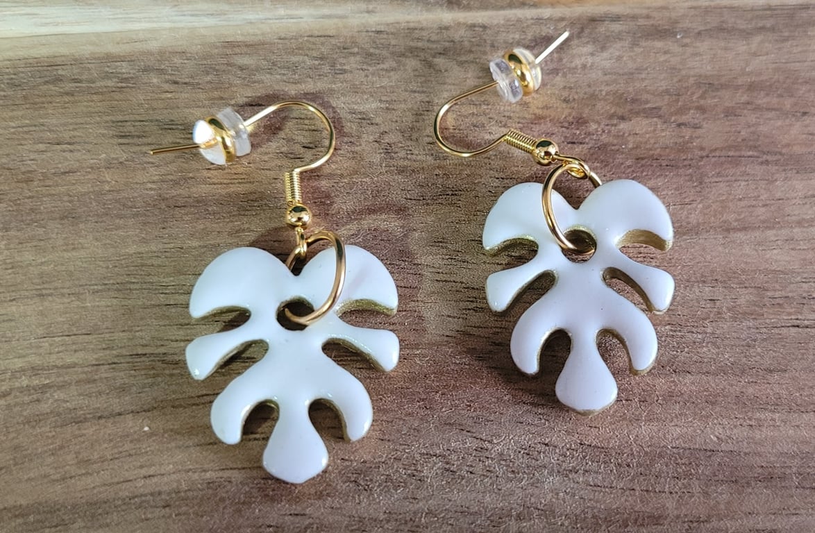 White & Gold Leaf Polymer Clay Earrings, 316 Surgical Stainless Steel