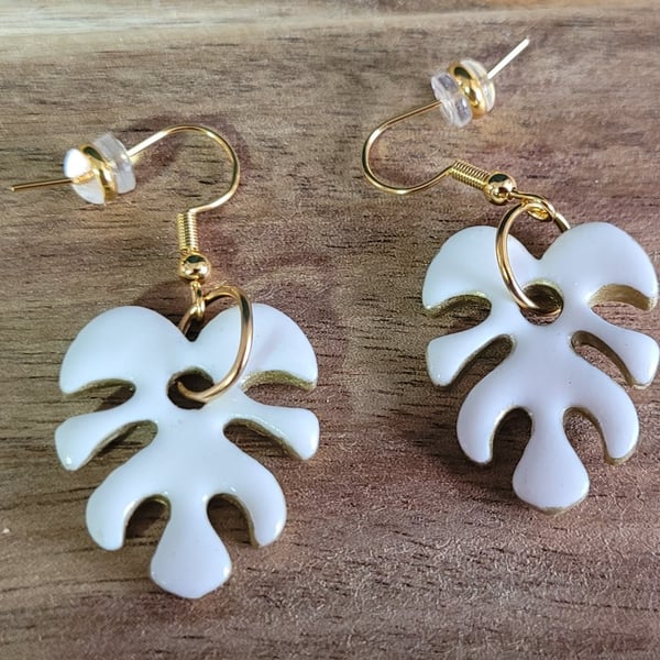White & Gold Leaf Polymer Clay Earrings, 316 Surgical Stainless Steel