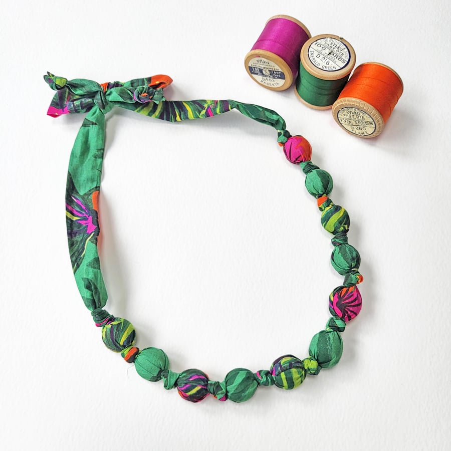Green, Orange & Pink Liberty Print Fabric Necklace - Cebollas Garden C