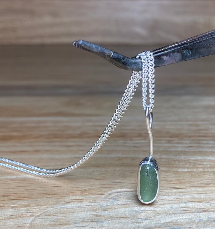 Handmade Fine & Sterling Silver Pendant & Olive Green Welsh Seaglass & Chain