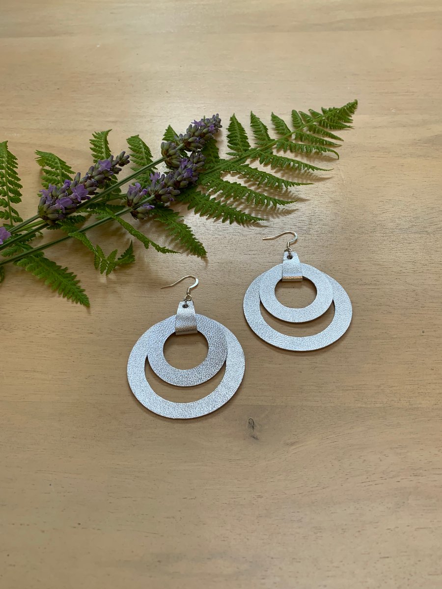 Handmade silver metallic leather earrings free Folksy