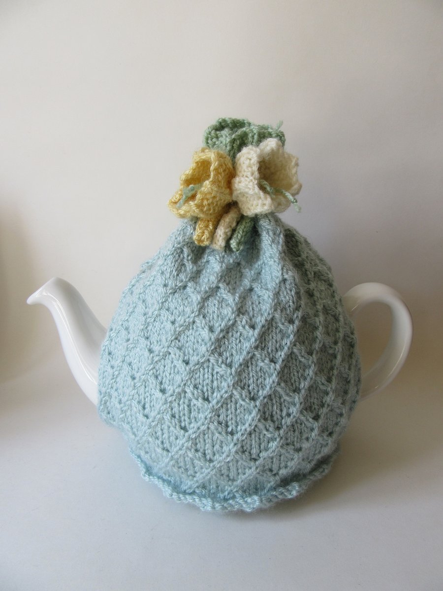 tea cosie tea cosy - duck egg blue garden trellis with crocus flowers