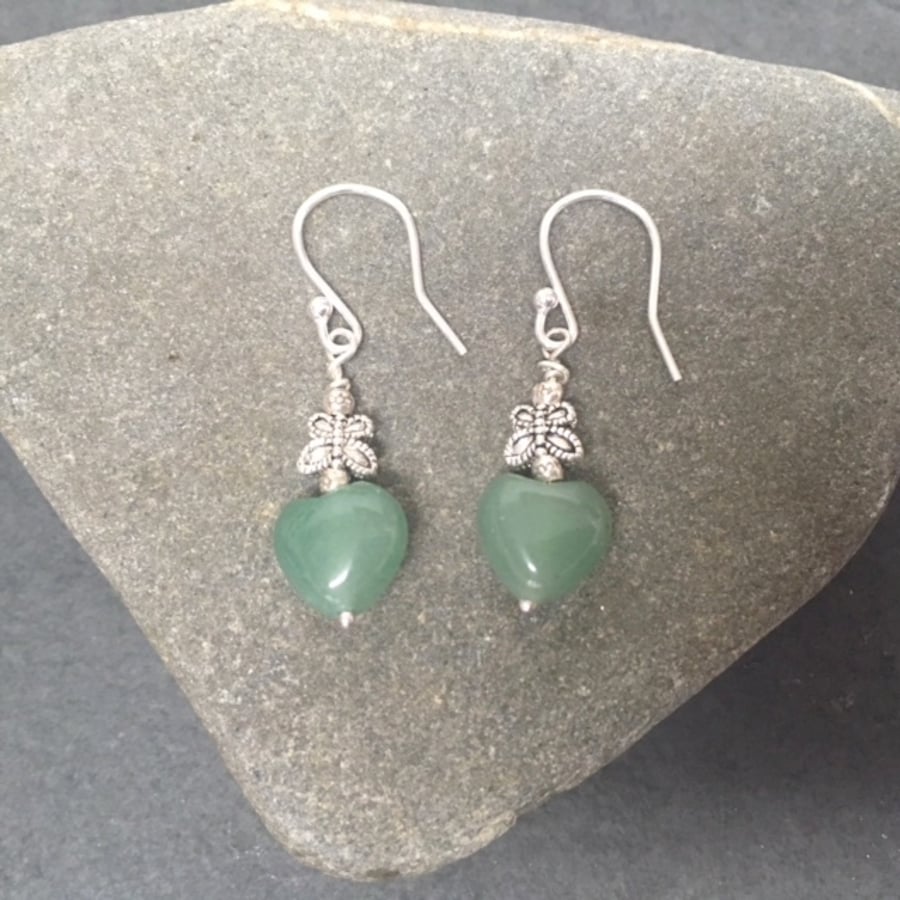 Green Aventurine Silver Butterfly Heart Dangle Earrings