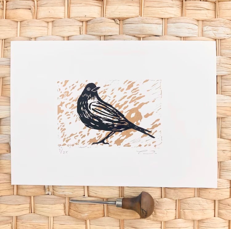 Blackbird Lino print, blackbird print, bird Lino print, bird print.