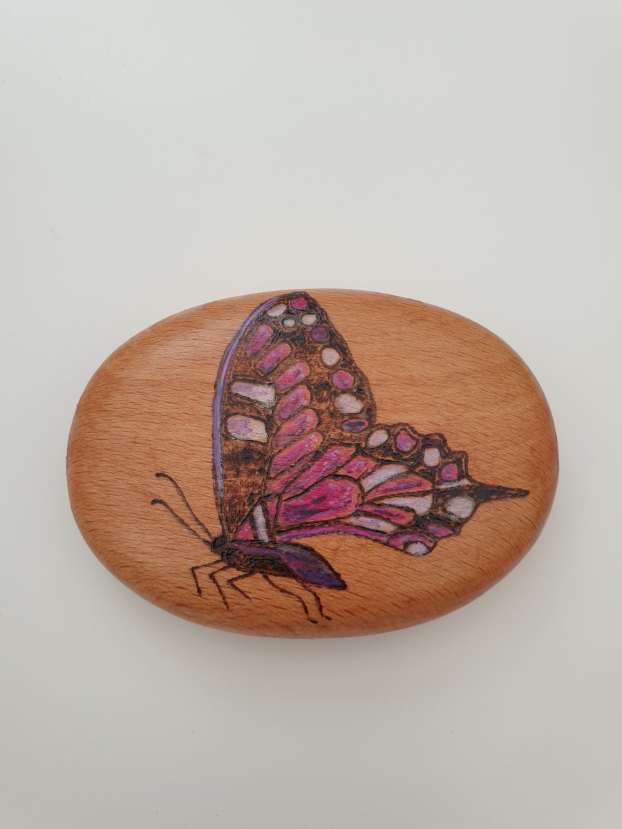 purple butterfly pyrography pebble ornament 