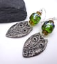 green lampwork glass earrings, pewter owl - Image 3