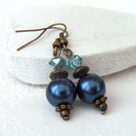 Sapphire blue shell and crystal earrings, vintage style earrings