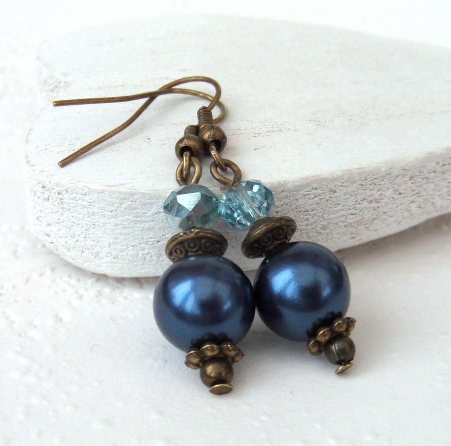 Sapphire blue shell and crystal earrings, vintage style earrings