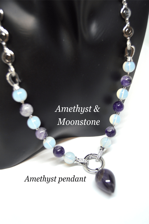 Amethyst and Moonstone Transforming Drop Pendant Necklace to Bracelet to Choker