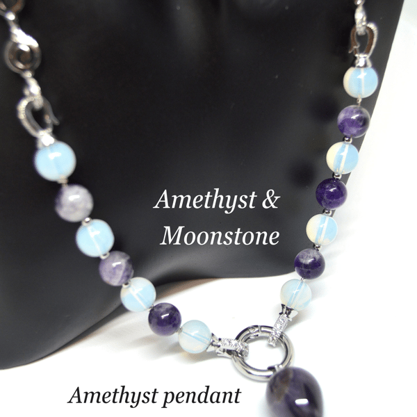 Amethyst and Moonstone Transforming Drop Pendant Necklace to Bracelet to Choker