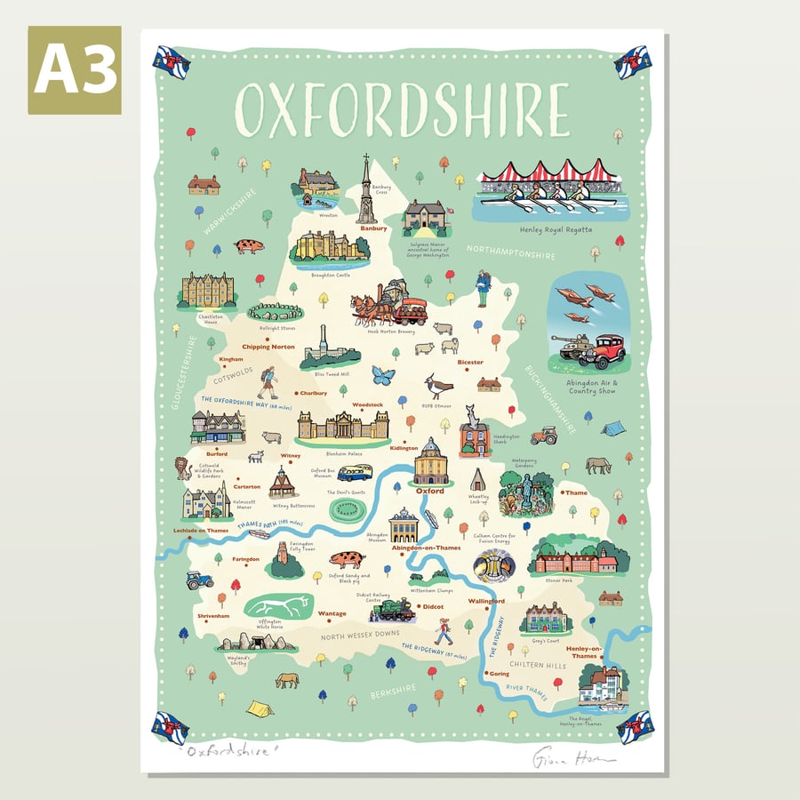 Oxfordshire map poster A3 with illustrations of landmarks and attractions