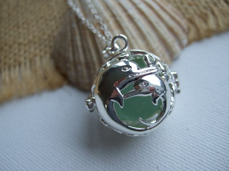 Sea glass marble necklace, silver plated dolphin pendant, codd sea glass marble 