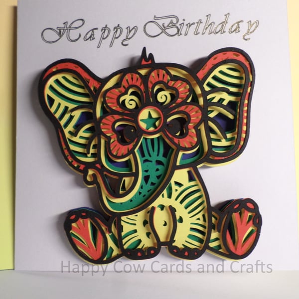 Beautiful layered mandala style baby elephant Happy Birthday card