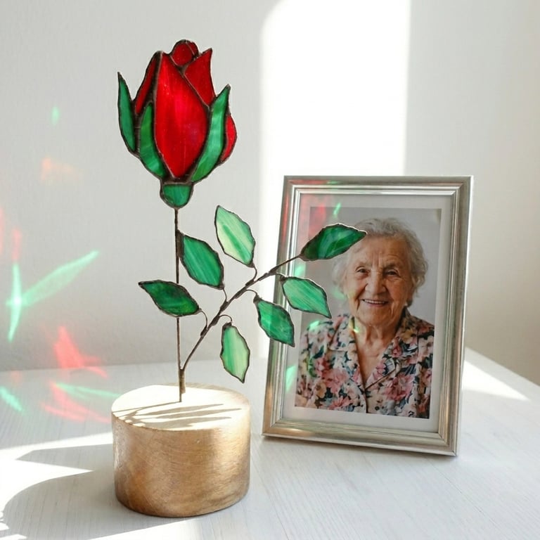 Stained Glass Single Red Rose Glass Art on solid Oak base 